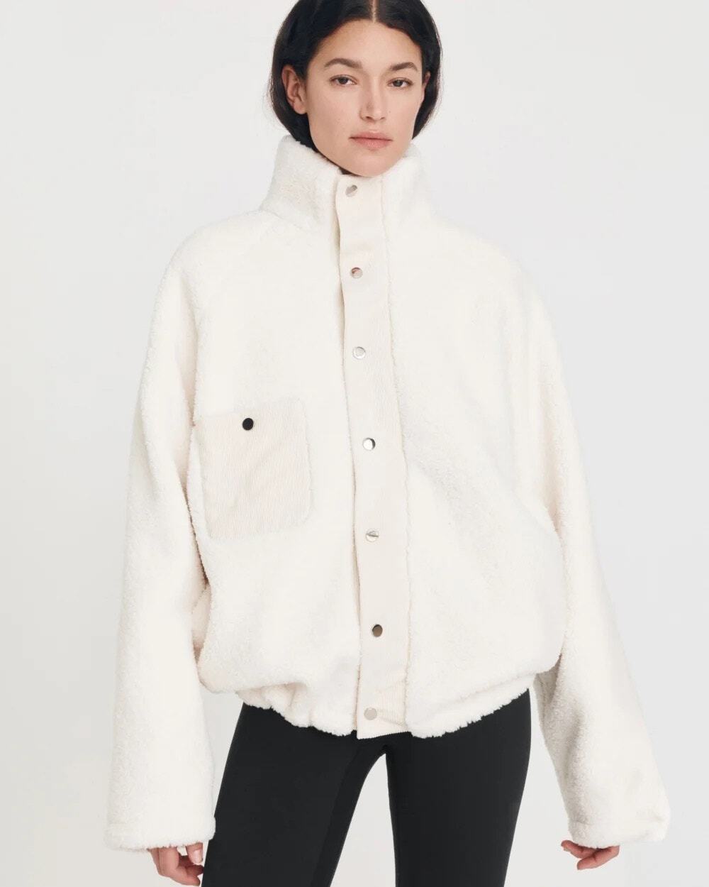 Nylora Nael Cream Fleece Corduroy Trim Long Jacket Snap Front M/L